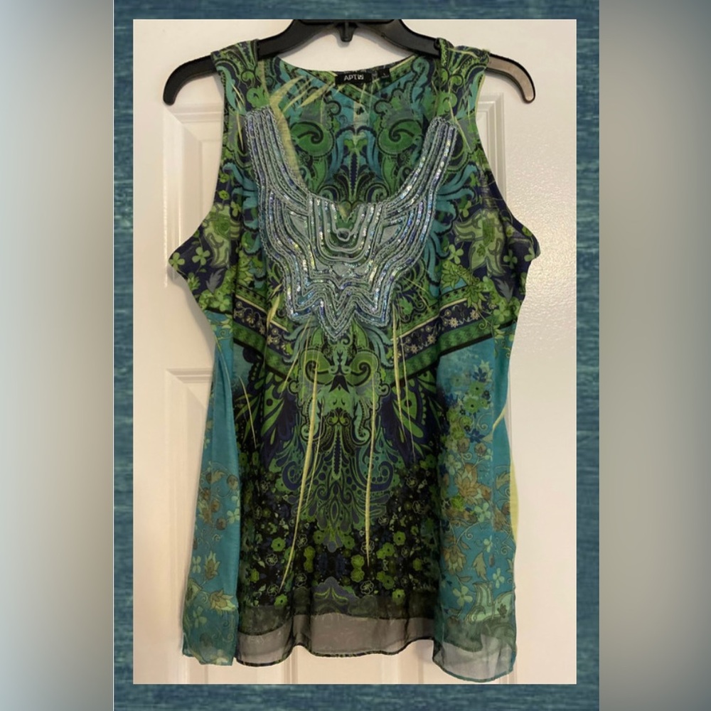 Apt 9 tank top, sleeveless, beaded top, green/blue/black, size L